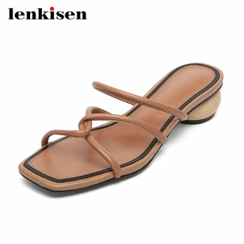 

Lenkisen new high quality sheep leathe square toe med round heels mules slingback narrow band lace on women summer sandals L51