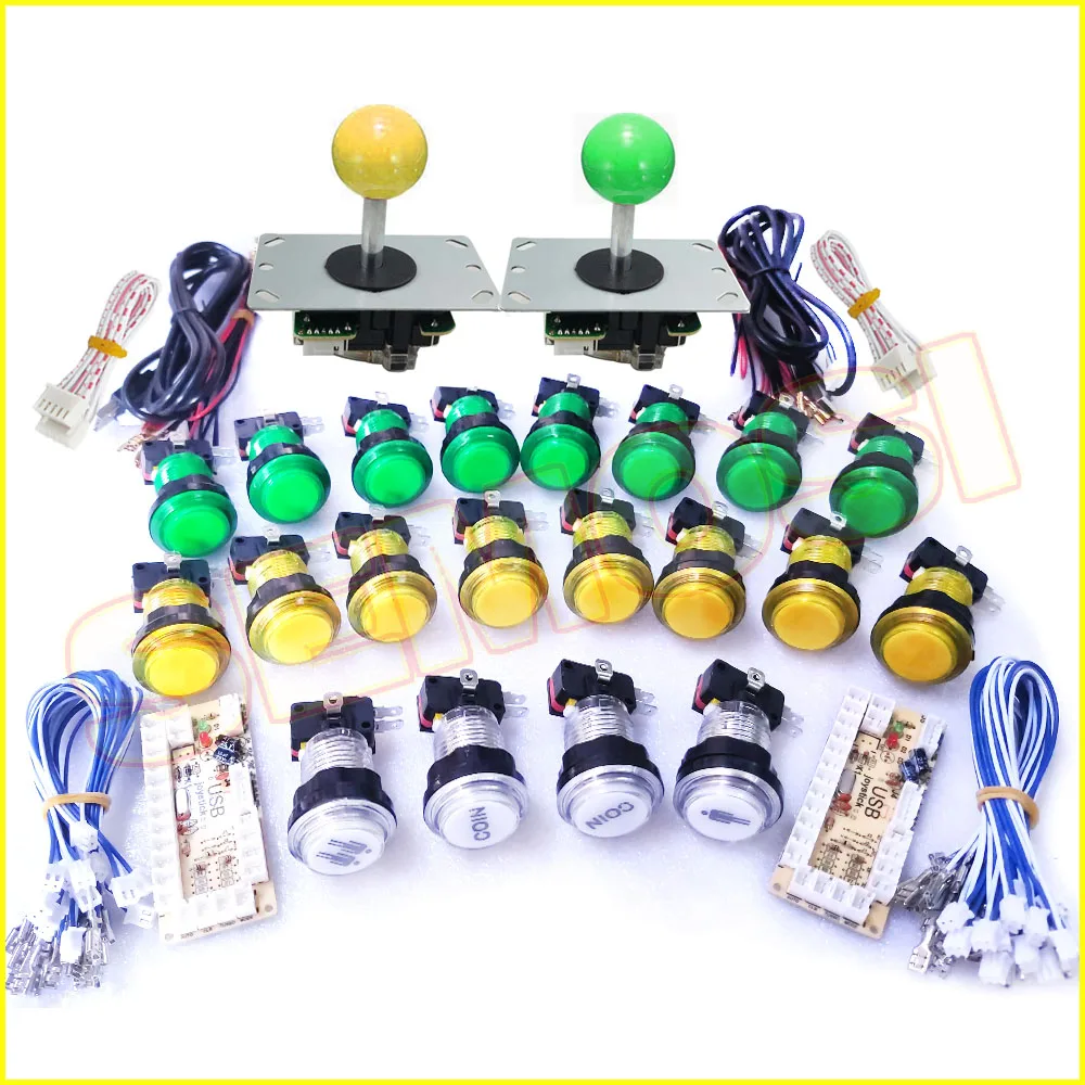 Green and yellow 2 5 pin аркадный джойстик светодиодный кнопочный с микропереключателем DIY Kit, нулевой датчик с переходником управления шкаф аркадная игра часть для 2 плеера - Цвет: Green and yellow 2