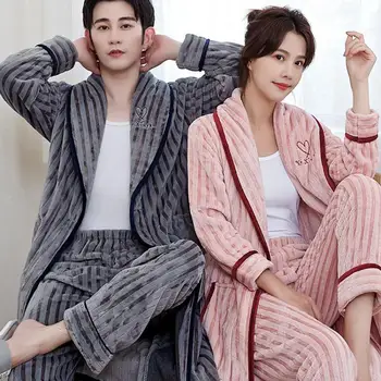 

Nightwear Couple Sleepwear Coral Fleece Pajamas Suit Soft Nightgown Flannel Loose Pyjamas Warm 2PCS Kimono Robe Gown&Pants Set