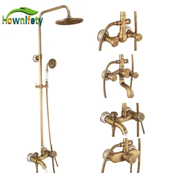 

Antique Brass Europen Classic Shower Faucet Wall Mount Rain Shower Head Carved Handle Luxury Bath Shower Set Faucets