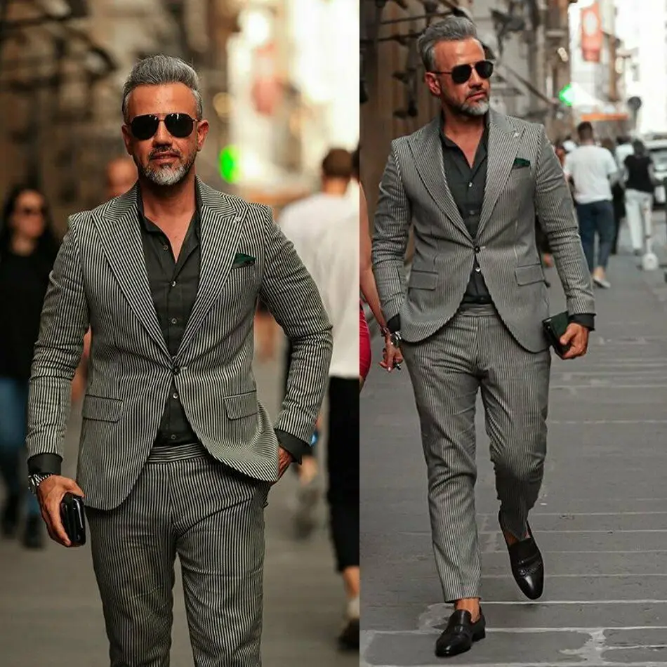 

New 2 Pieces ( Jacket+Pants) Mens Single-breasted Suit Fashion Striped Groom Wedding Tuxedo for Men Casual Business Suit