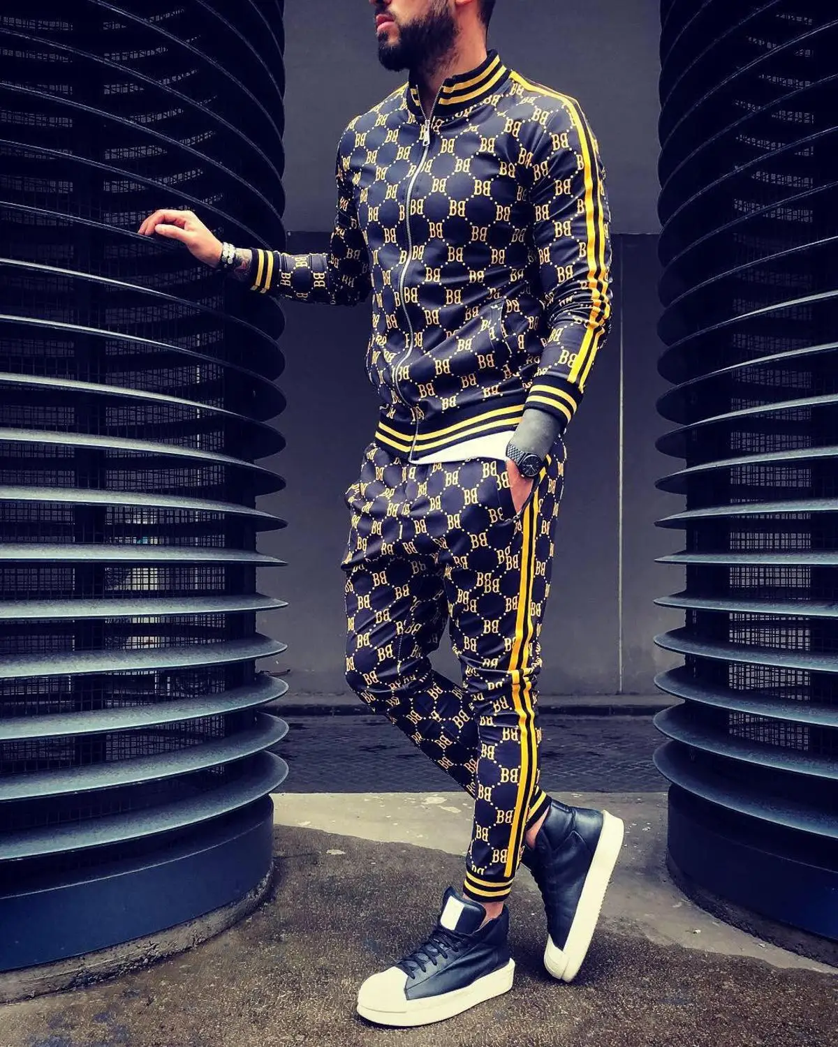 Men's Sports Suit Running Set Men Jogging Tracksuit New Set Autumn Mens 2 Piece Sets gyms Fitness Suit male Jacket+ Pants - Color: Yellow