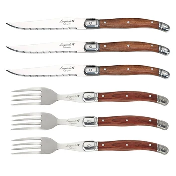 

6pcs 9inch Laguiole Style Steak Knives Dinner Fork Wooden Handle Dinnerware Set Stainless Steel Cutlery Japanese Tableware Bar