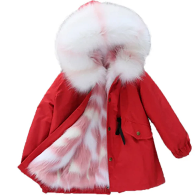 Red Pink White Пальто с искусственным мехом для девочек плотная теплая зимняя детская верхняя одежда с капюшоном, пальто пушистая куртка с искусственным лисьим мехом и рукавами для девочек, TZ469 - Цвет: Red Pink White