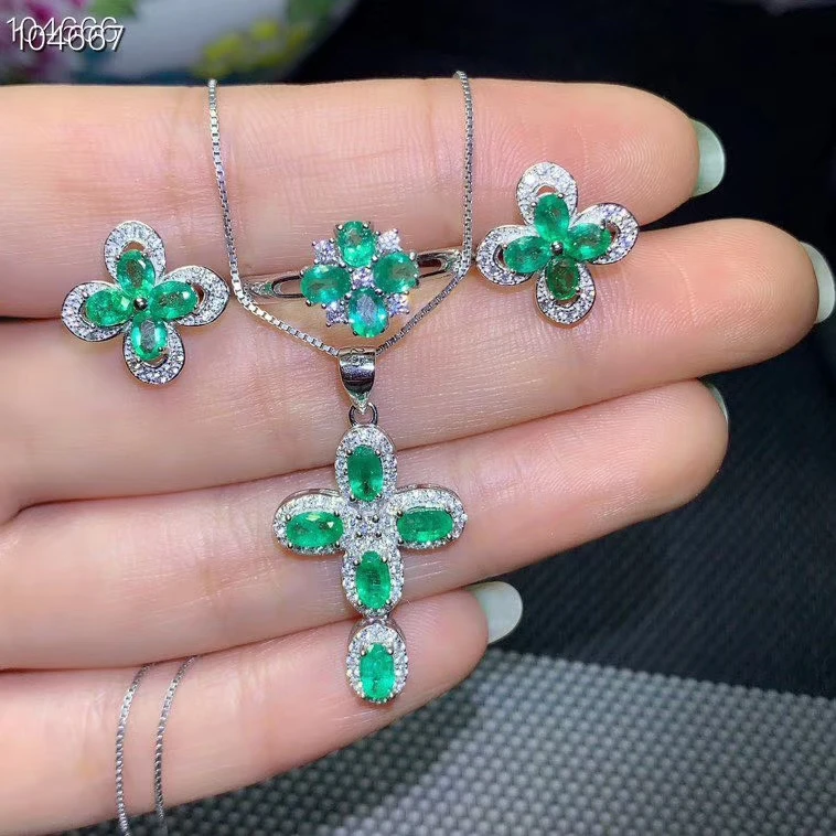 

Fashion Cross Clover Natural green Emerald gem S925 silver ring Pendant earrings natural gemstone Jewelry Set girl party jewelry