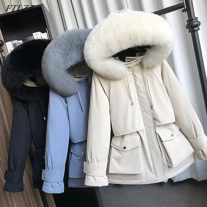 FTLZZ 2020 Natural Raccoon Fox Fur Hooded Winter
