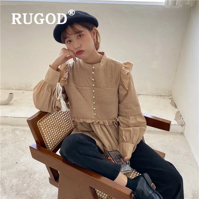 RUGOD Блузка с оборками для женщин, женские винтажные блузки с длинным рукавом, однотонный элегантный топ, корейская модная одежда, женские рубашки на каждый день