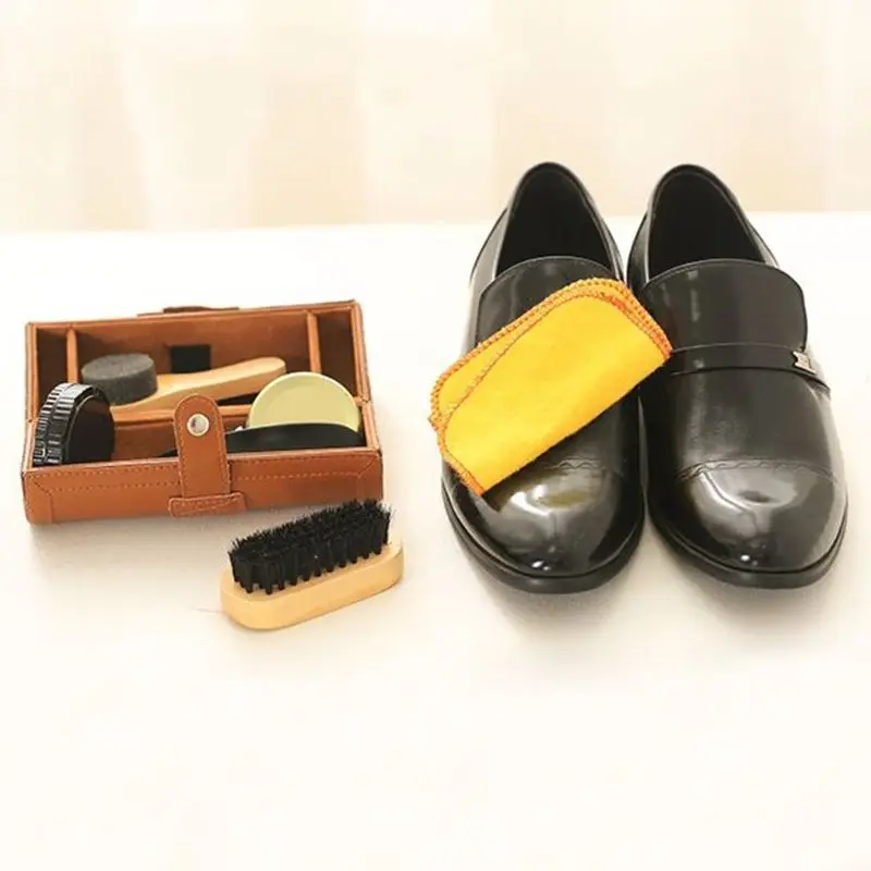 Leather shoes care set of 6 pieces, shoehorn, shoe polish, shoe brush, cleaning cloth, sponge brush, sponge wipe