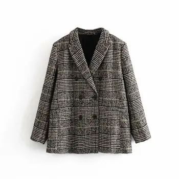 

Vintage Chic Women Double Breasted Tweed Check Jacket Fashion Female Turn-Down Collar Plaid Jacket Coats Casual Casaco Femme