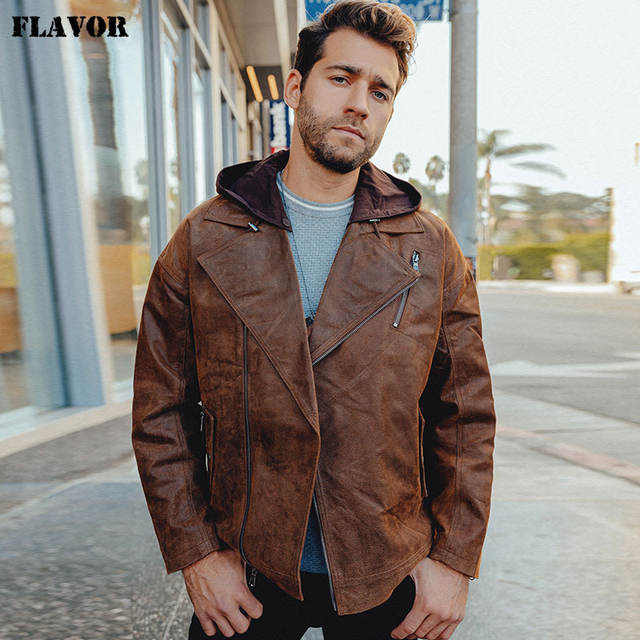 New Men’s Real Leather Moto Jacket With Removable Hood Warm Biker Leather Jackets For Men