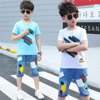 

Boys Summer Clothes Set 2019 Color Print T-shirts and Geommetric Jeans Shorts 2pcs Clothes for Boys Kids Outfits for 4 6 8 12Yrs