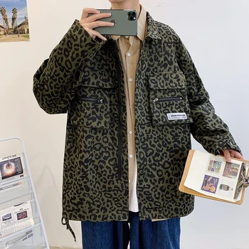

Leopard Jacket Men's Fashion Cotton Retro Casual Multi-pocket Tooling Jackets Mens Streetwear Loose Hip Hop Bomber Jacket Men
