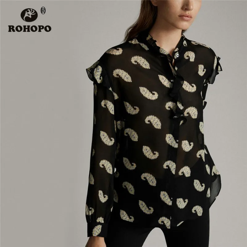 

ROHOPO Long Sleeve Butterfly Shoulder Overlocked High Collar Elegant Black Blouse Coverd Buttons Rront Ruffled Tops Blusa #9316