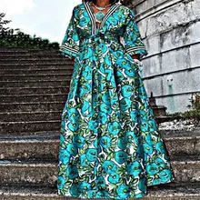 

Spring Autumn New Fashion New Retro Long Skirt High Waist Pullover Green Cotton Print Plus Size European American Style Dress