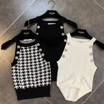 

New Buttons Decorated Hollow Ice Silk Knit Tight Skinny Vest Women Spring Summer Top