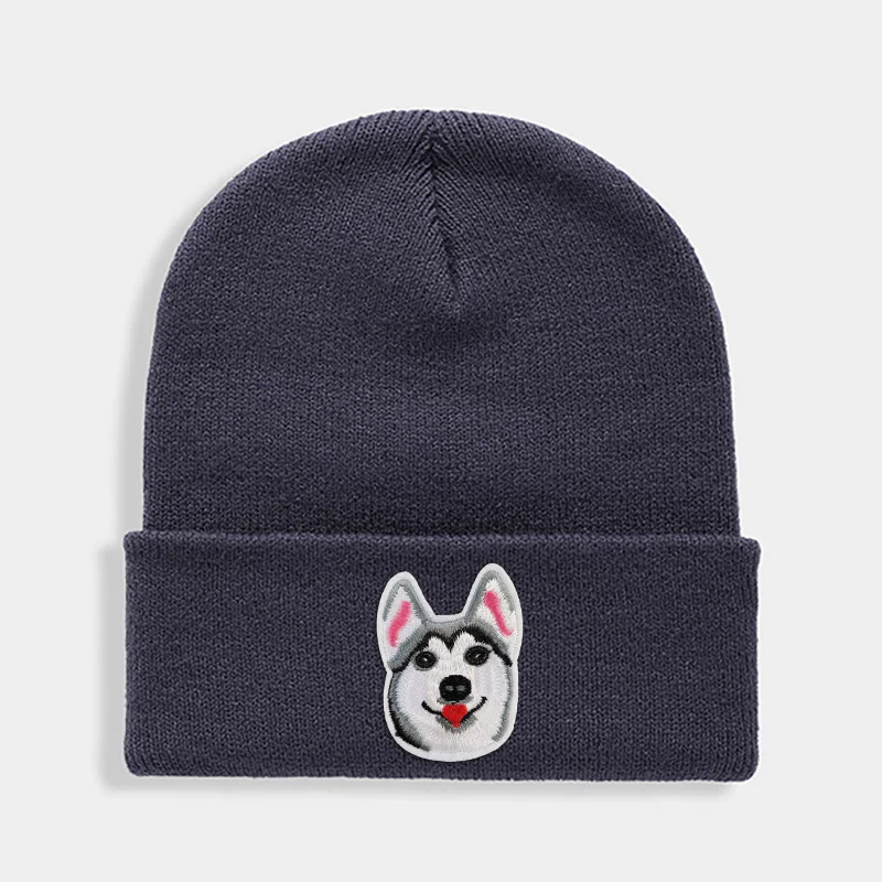 Huskies Hats Fashion Patches Sweet Beanie For Unisex Winter Brimless Stretchy Bonnet Solid Color Outdoor Cap Knitted Beanie