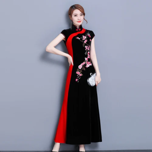 Китайский стиль золотой бархат Cheongsam Длинные платья вышивка цветочный Мандарин воротник Ретро Весна Осень женское платье размера плюс