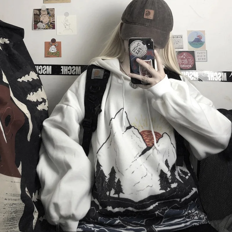 Woherb толстые толстовки для женщин Harajuku негабаритных толстовка японский мультфильм горный студентов длинный стиль Дамы Винтаж кофты