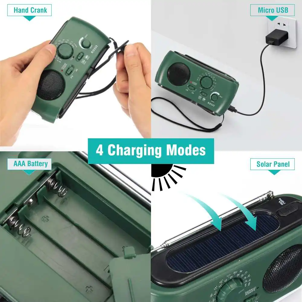 Emergency Portable Solar Crank AM/FM Weather Radio with LED Flashlight with Cell Charging Interface Can Charge for Phone