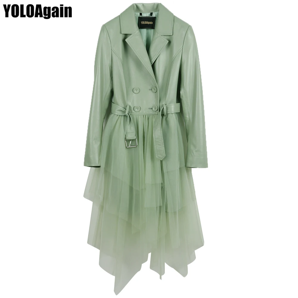 

5 Colors women genuine leather coat ladies long real leather trench asymmetrical mesh patchwork