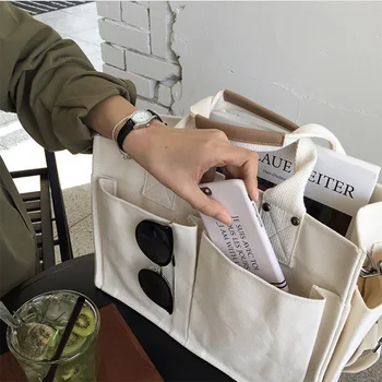 

Women's Shoulder Bag Canvas Tote Sewing Thread Luxury Handbags Female New Design Multi-Pocket Large Capacity Convenient Shopping