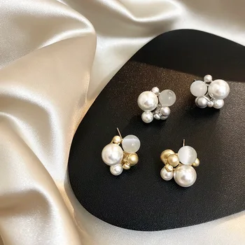 

2020 Fashion Metal Freshwater Pearl Ball Studs Earrings for Women Korean Simple Gold Silver Color Opal Earring Party Jewelry