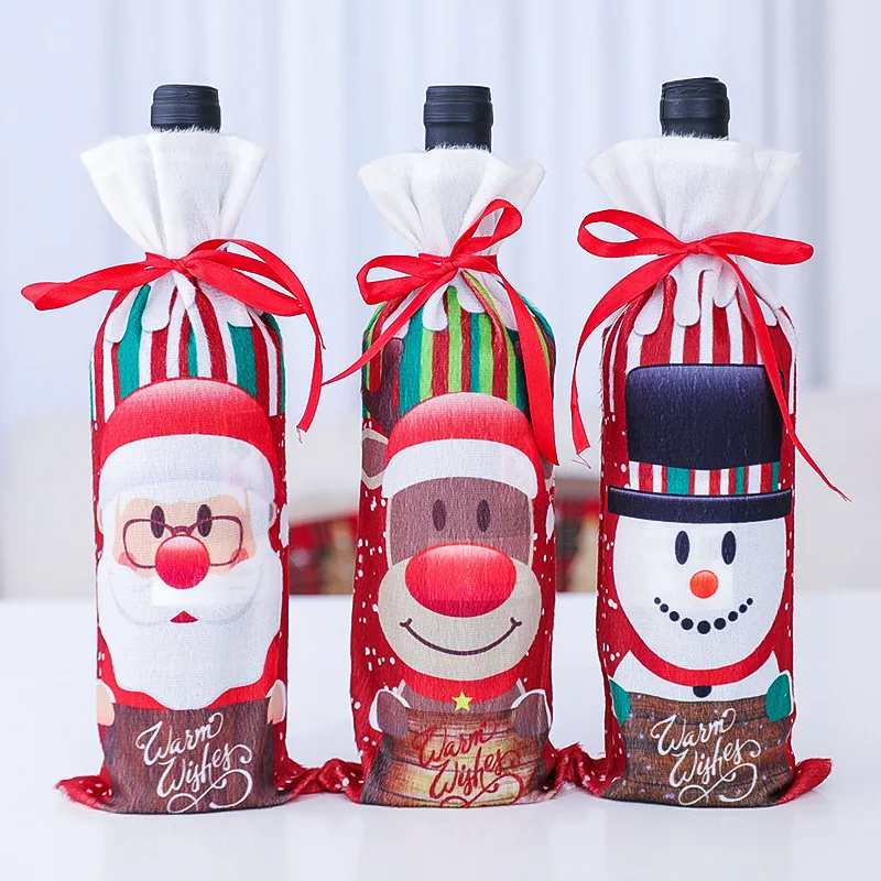 

2020 New Wine Champagne Bottle Cover Cloth Cartoon Snowman Old Man Home Party Drawstring Pouch Christmas Decor