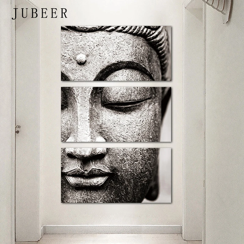 Серый Будда статуя холст картины 3 панели буддийские работы лицо плакат домашний