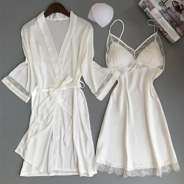Sexy Women Rayon Kimono Bathrobe WHITE Bride Bridesmaid Wedding Robe Set Lace Trim Sleepwear Casual Home Clothes Nightwear 1