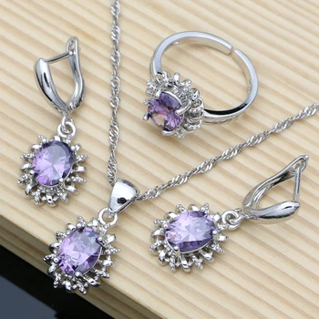 

2020 925 Silver Earring Jewelry Set for Women Romantic Purple Amethyst Necklace Open Ring Party Wedding Jewellry 7 Color Stone