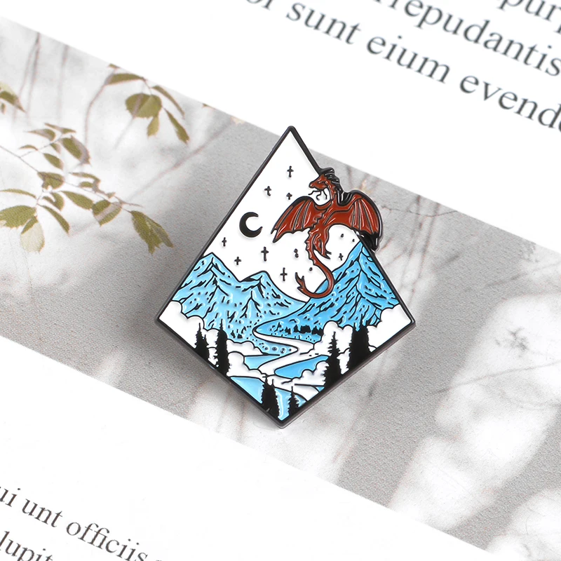 QIHE JEWELRY Nature Night Views Pins Dragon Brooches Enamel pins Stat Mountain River Badges Jewelry Gift for Friends