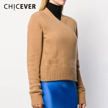 

CHICEVER Irregular Knitting Women's Sweater V Neck Long Sleeve Thick Cardigan Female Sweaters 2020 Autumn Fashion New Clothes
