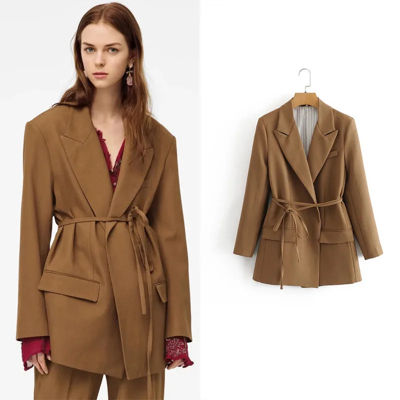 

Ladies Camel Suit Casual Simple High Waist Mid-length Winter Long Sleeve Office Women Coats with Belt Female Blazers Outerwear