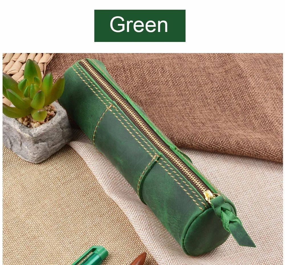 Genuine Leather Zipper Pen School Vintage Product Creative Pencil Stationary Model Trinodal Retro Handmade Bag Style