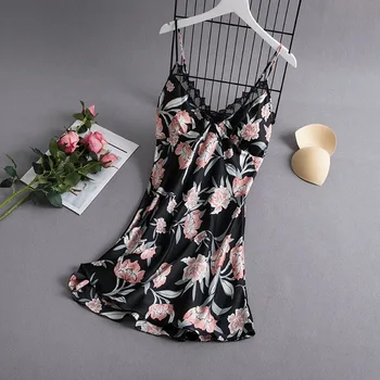 

Sexy Nightie Women Lace Homewear Nightdress Satin Print Flower Spaghetti Strap Nightgown Intimate Lingerie Bridal Wedding Gift