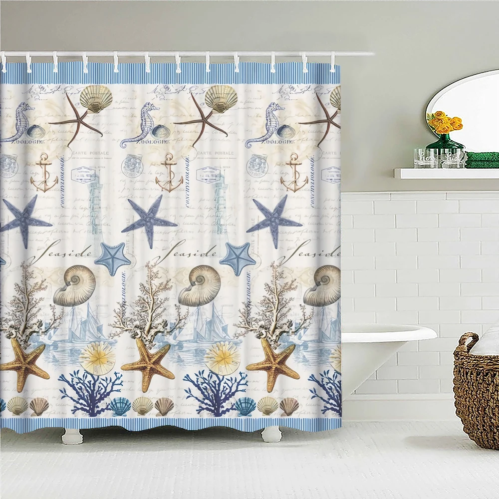 

Cartoon Ocean Starfish Shell Shower Curtain 3D Printed Bathroom Curtains Polyester Fabric Home Decor Bathtub Screen with Hooks