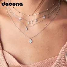 Docona, серебряный цвет, Хрустальная звезда, луна, Длинная подвеска, ожерелье для женщин, девушек, металлические слоистые чокеры, ожерелье s Collares 5814