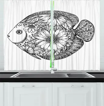 

White Black Animal Kitchen Curtains Hand Drawn Ornamental Fish Floral Petals Leaves Marine Print for Kitchen Cafe Decor