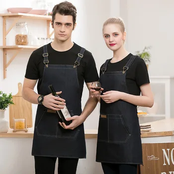

Denim Kitchen Cooking Apron with Adjustable Cotton Strap Large Pockets black Blue 34x27 Inches Barista Men Women Homewear