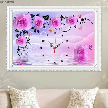 

DIY Diamond Embroidery,Round Diamond landscape Full Living room purple rose wall clock Diamond painting cross stitch,needlework