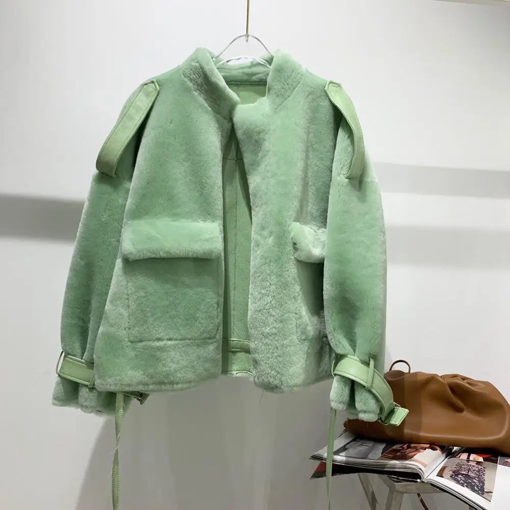 Green Пальто с натуральным мехом, зимняя куртка для женщин, мех Мериносовой овцы, настоящая кожаная куртка с подкладкой, Толстая теплая парка с натуральным мехом - Цвет: Green
