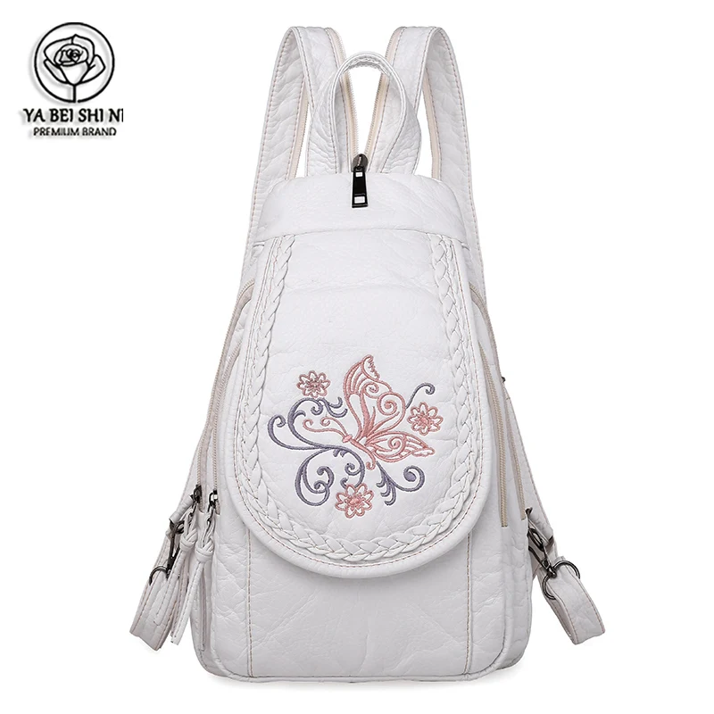 Women Backpack Flowers School-Bags White Embroidery Teenage Girls Fashion for Travel