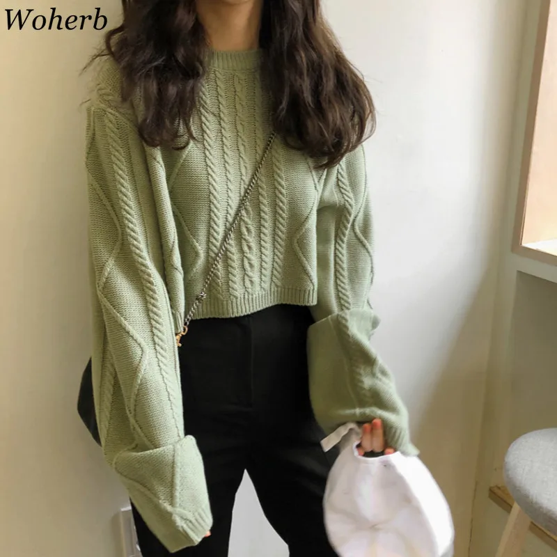 Woherb/Винтажные свитера с круглым вырезом и длинными рукавами; короткие пуловеры; однотонные Топы; повседневные свободные Джемперы; Осенняя мода; Новинка 90896 года