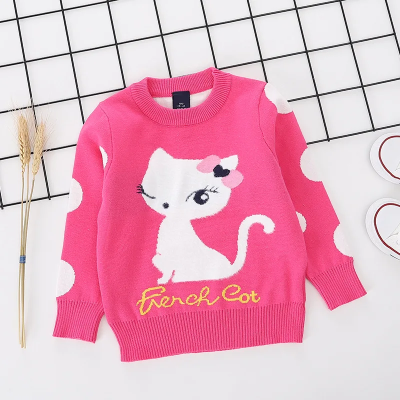 

2019 Autumn And Winter New Style Childrenswear Girls Cartoon Kitten Jacquard Sweater Korean-style Baby Double Layer Thick Sweate