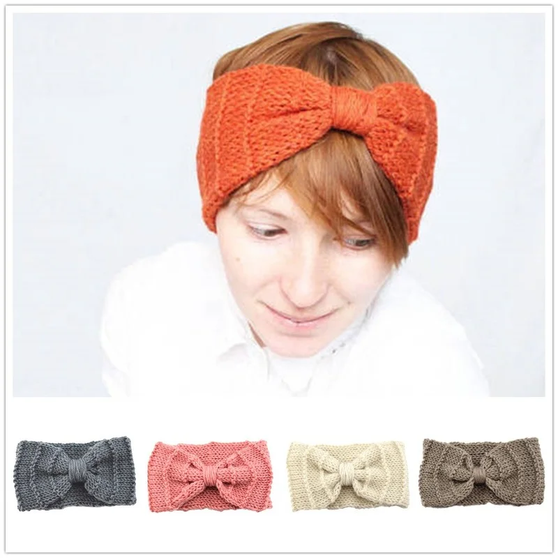 Europe And The United States Vertical Bow Knitted Wool Headband Earmuffs Hand woven Headband