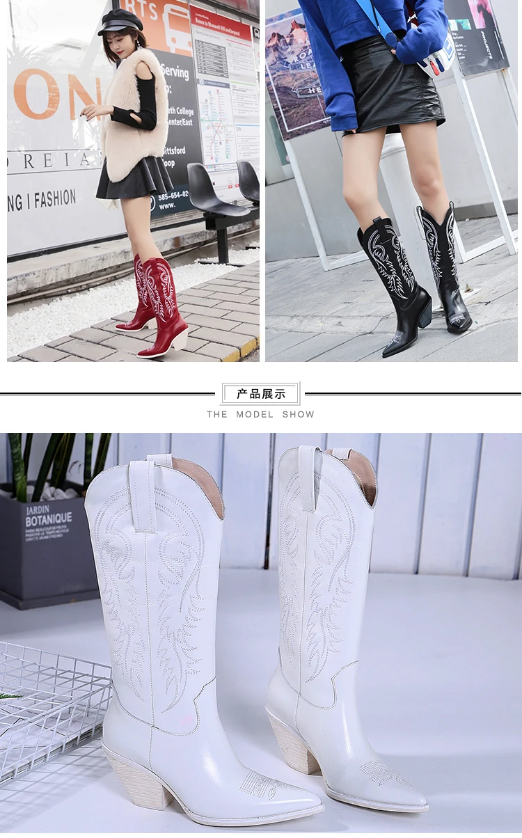 Zapatos mujer сапоги до колена Для женщин с вышивкой из натуральной кожи ковбойские сапоги Вестерн Туфли на каблуке-рюмочке женская обувь ботинки с высоким голенищем лодки