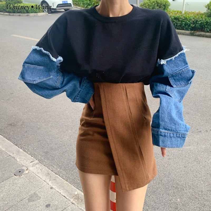 WHITNEY WANG осень зима модная уличная джинсовая Лоскутная Толстовка большого размера женские толстовки свободный пуловер