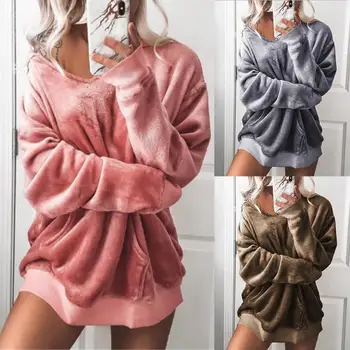 

Casual Winter Solid Color Hoodies Women V Neck Long Sleeve Loose Hooded Sweatshirt Warm Nylon/Polyester/Spandex Women's Hoodies