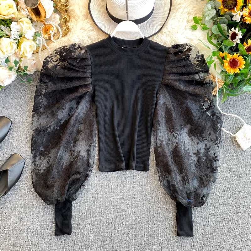 Neploe женские короткие тонкие Блузы прозрачные кружевные сетчатые блузки с вышивкой сексуальные топы с пышными рукавами Корейские осенние Рубашки 56478 - Цвет: black
