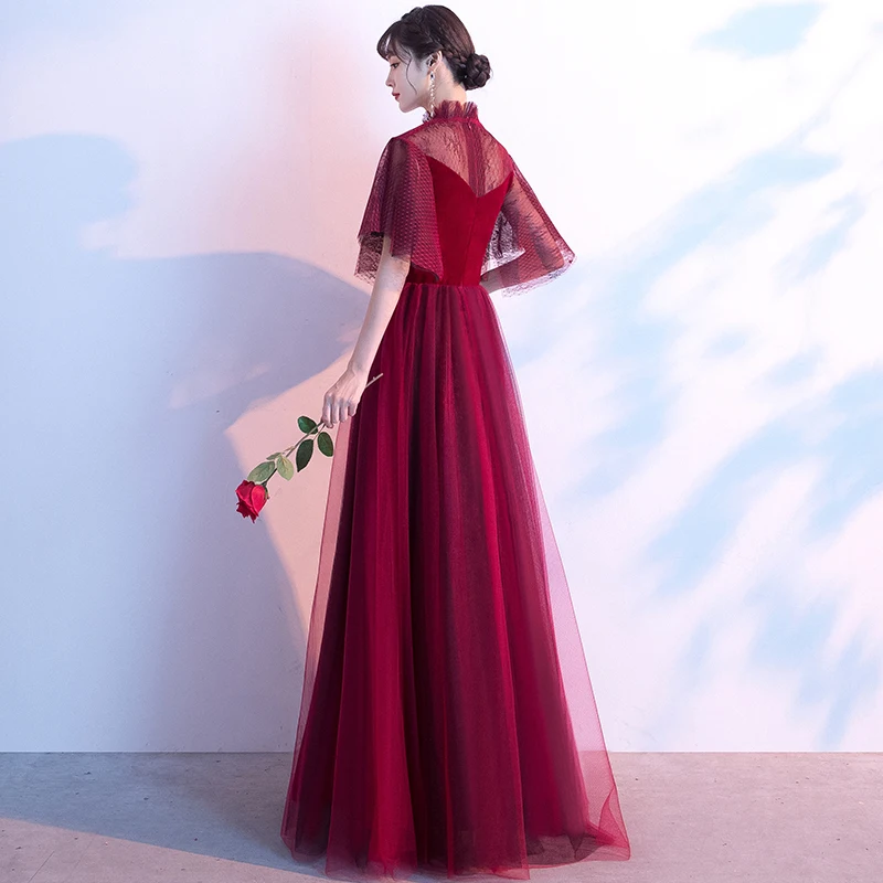 It's Yiiya Evening Dress Burgundy High Collar Elegant Formal Gowns Long Plus Size Evening Dresses Zipper robe de soiree LF170